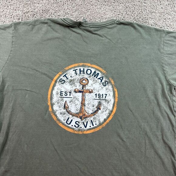 St Thomas Shirt Mens Extra Large Green White Virgin Islans USVI Casual FLAW - Picture 3 of 12